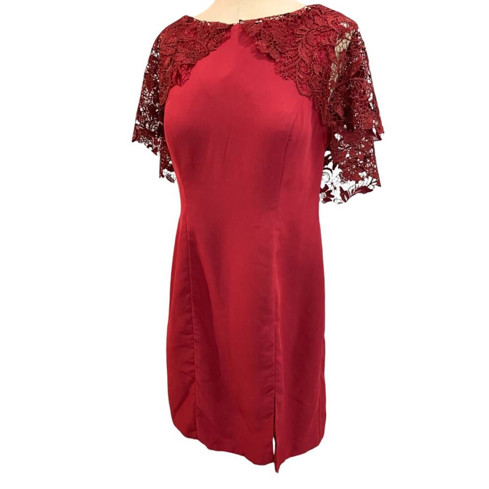 Size 14 A.W. Bridal Dark‎ Red Sheath Dress Lace Overlay Sleeve Wine Burgundy